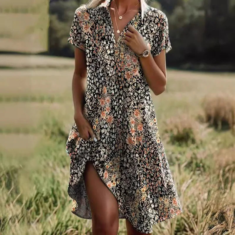 Carla | Elegante bloemenjurk met V-hals, knopen en lange mouwen voor de herfst