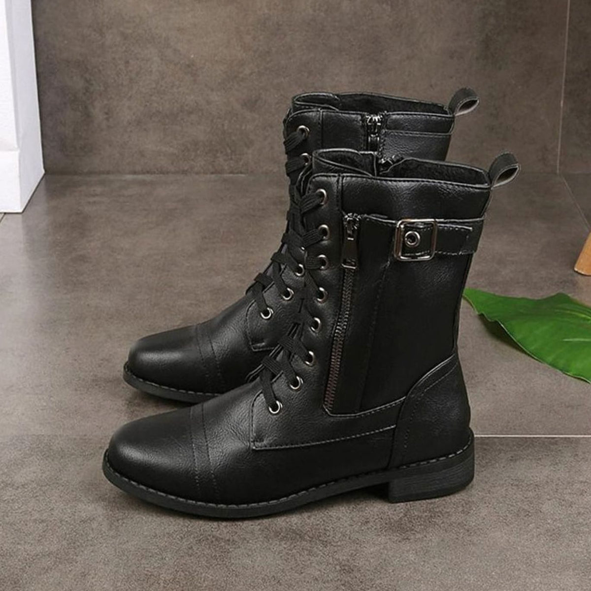 Dames veterboots van imitatieleer met zijrits