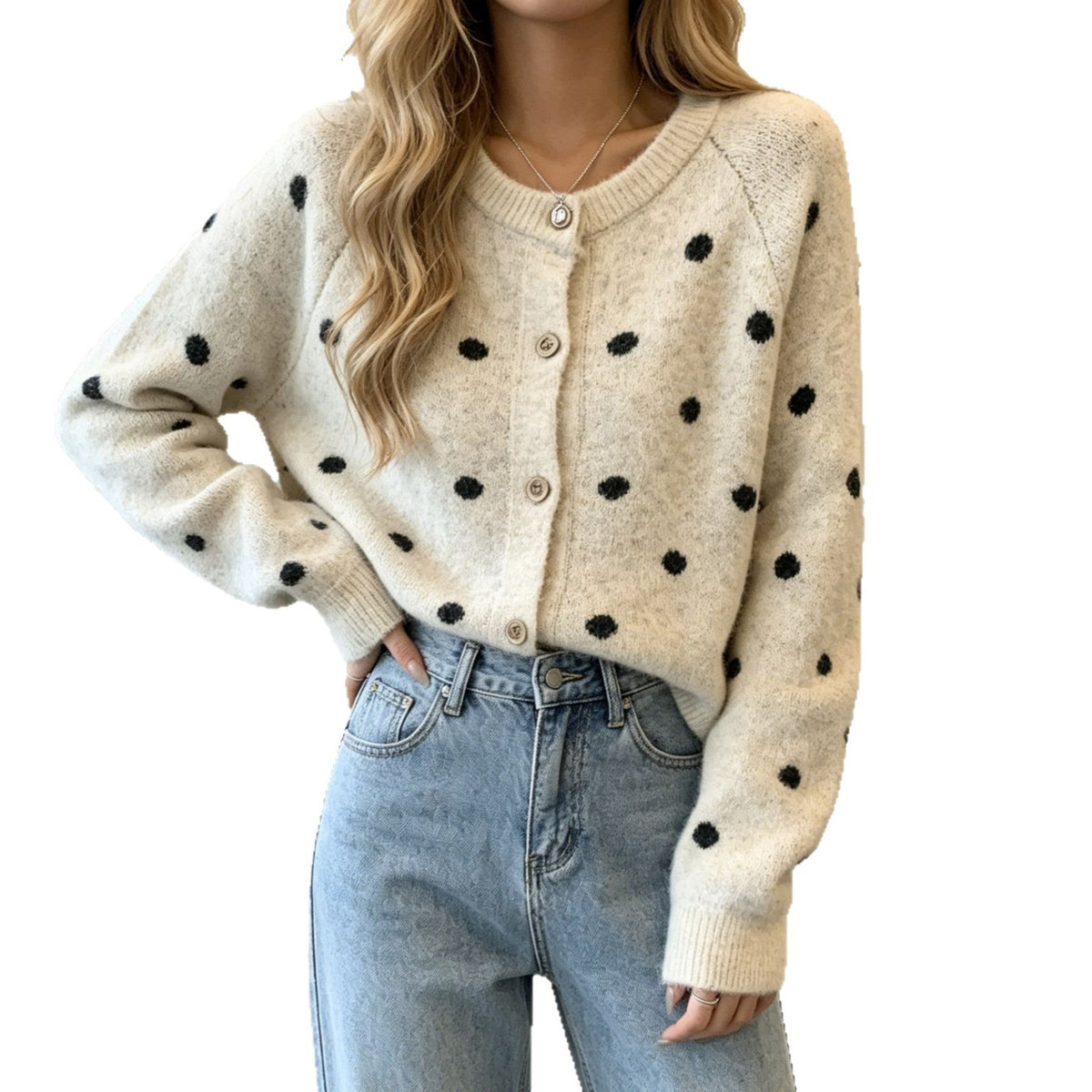 Damesvest met knopen, stippen en ronde hals in mohair-look
