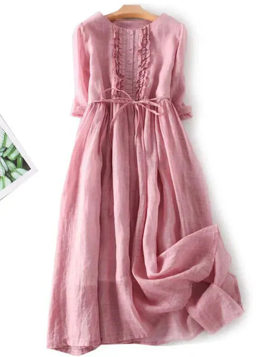 Emeja | Dames Midi Jurk met Rimpelnek en Strik Taille