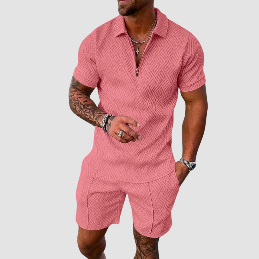 Emeja | Heren Zip Polo Shirt & Shorts Set Textured