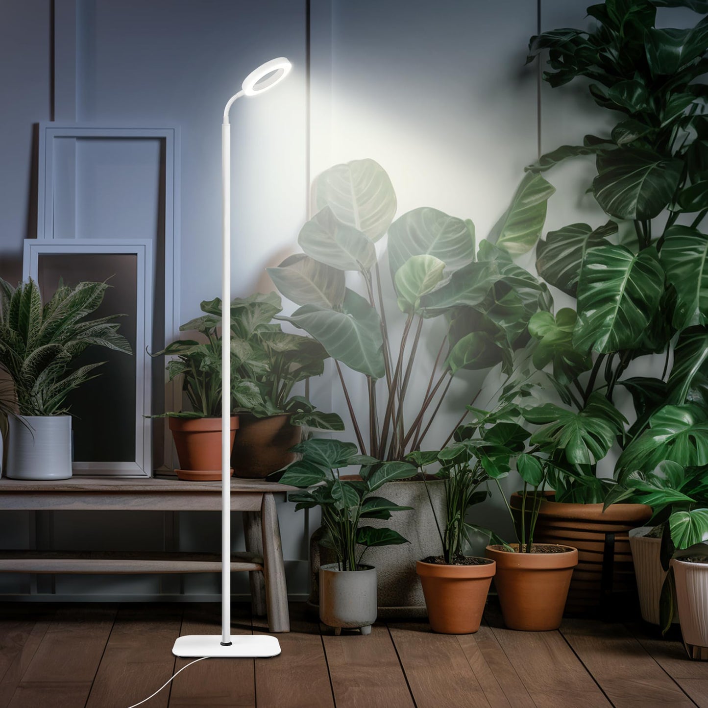 Emeja | Mistyjungle Groei Lamp voor Binnenplanten, Vloer Volledig Spectrum Plantenlamp met Statief, Grote Groeilampen met Automatische Timer, 60 Inch Hoogte Verstelbaar, 10 Niveaus Dimbaar, Witte Halo LED Groeilamp