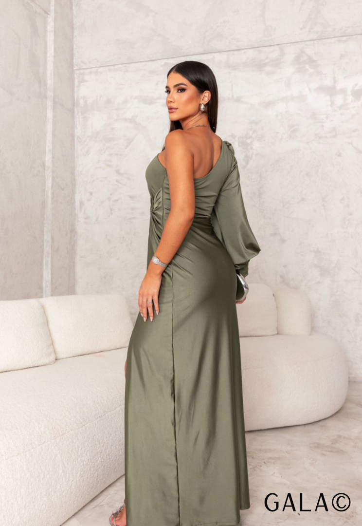 Gala One Shoulder Lange Mouw Geplooide Jurk Voor Herfst