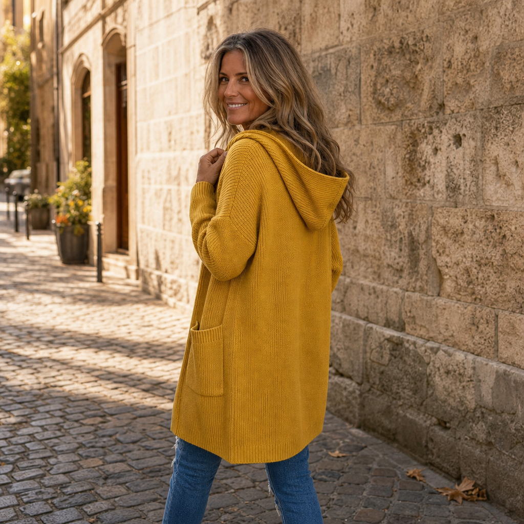 Gebreid vest met capuchon en knoopsluiting