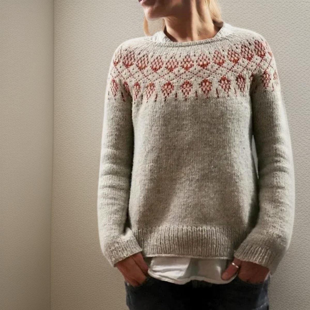 Gebreide IJslandse Fair Isle-damestrui met ronde hals