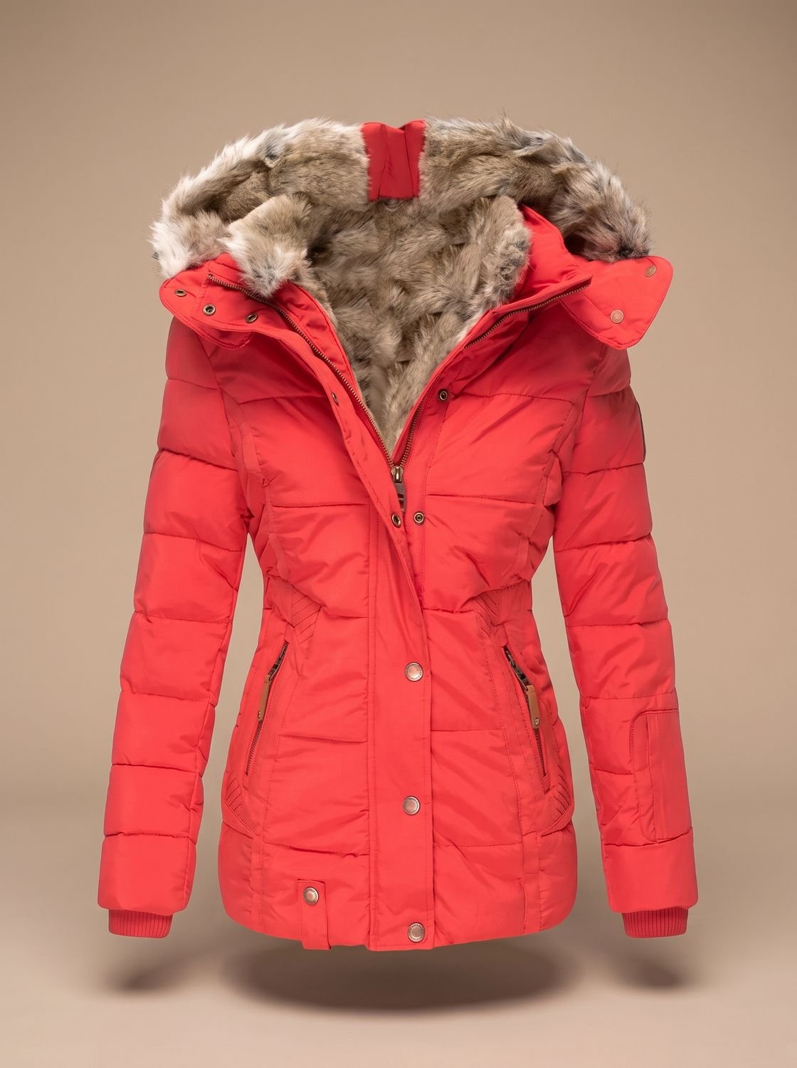 Gewatteerde dames puffer winterjas met capuchon van imitatiebont