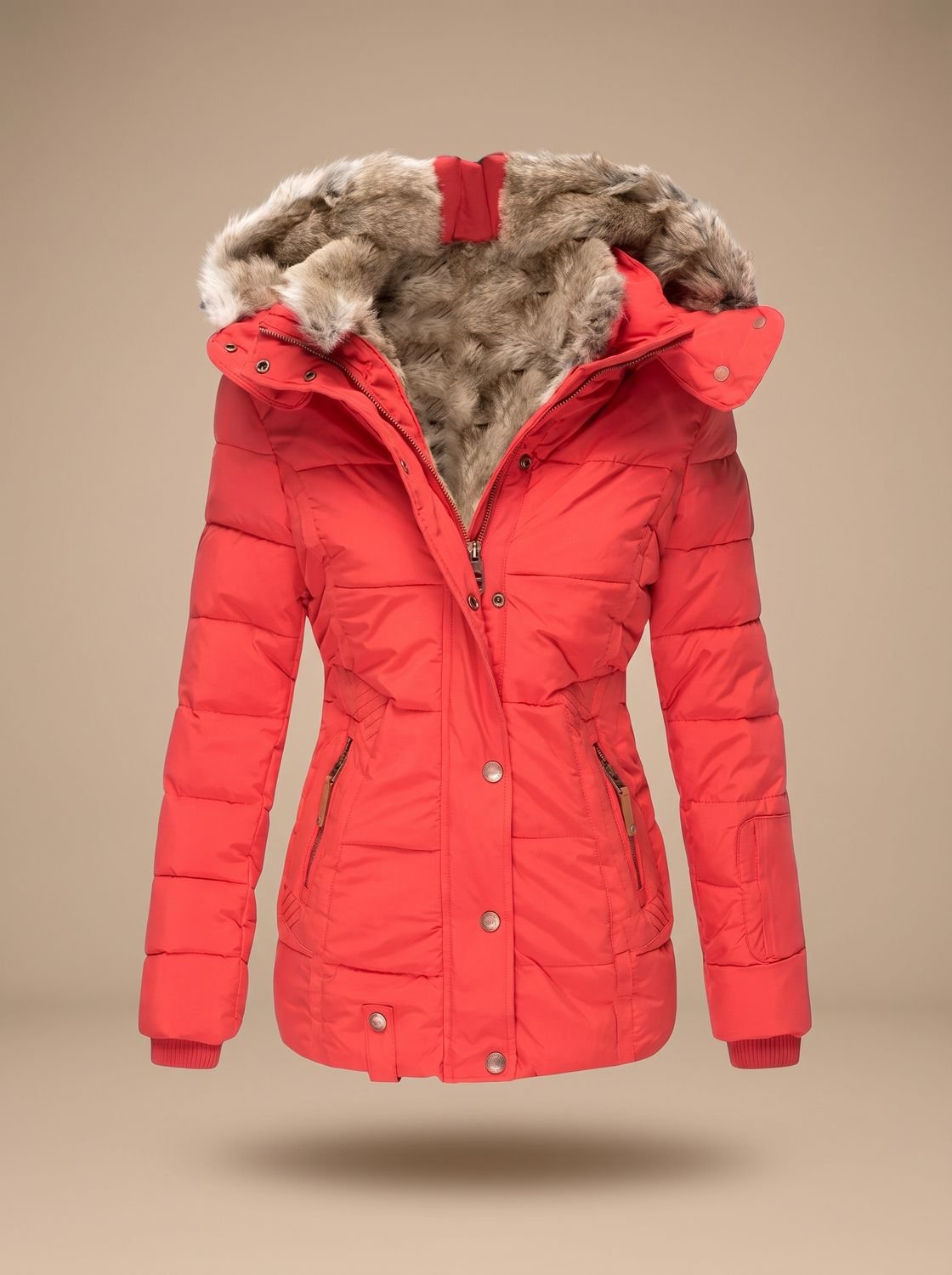 Gewatteerde puffer winterjas voor dames met capuchon van imitatiebont