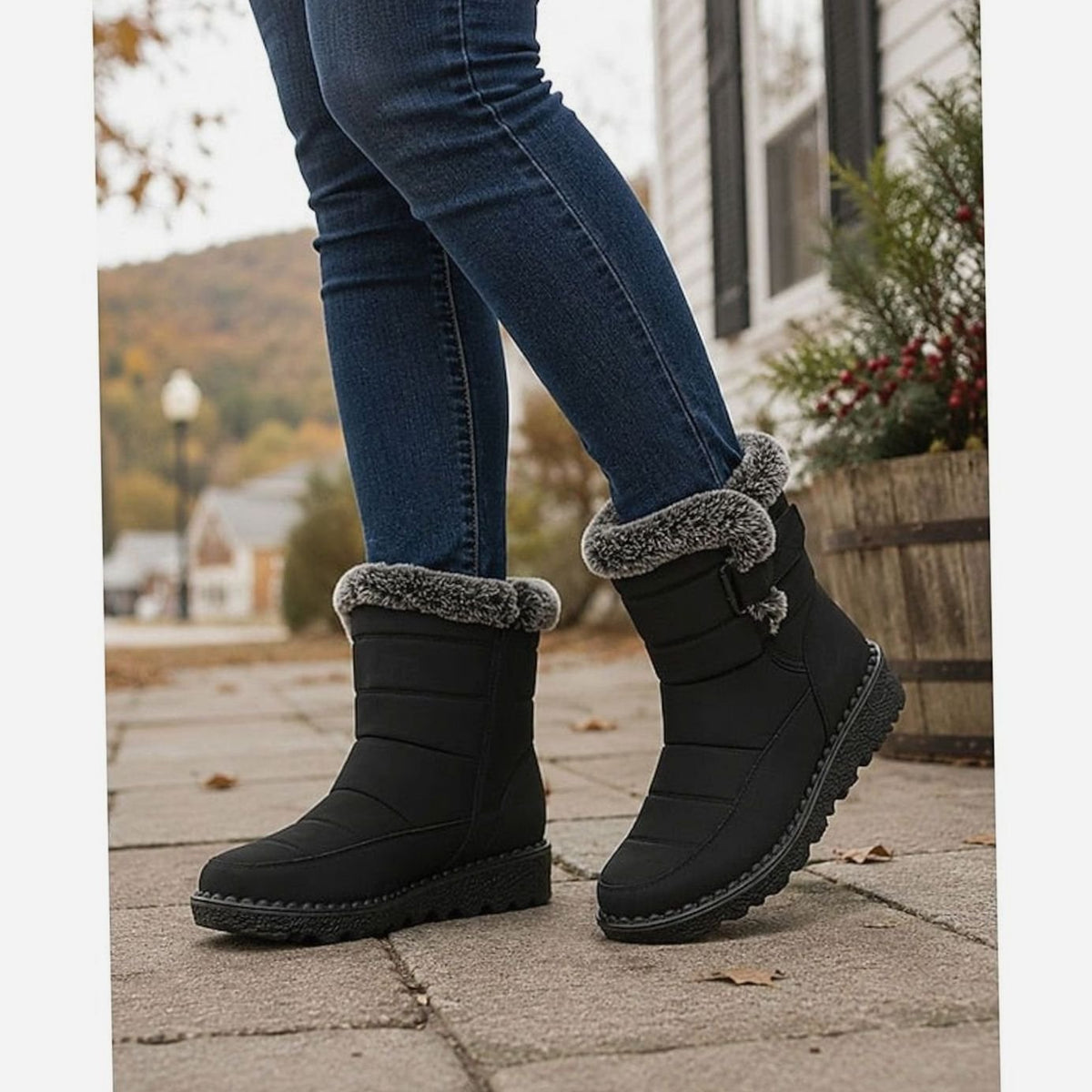 Halflange gewatteerde snowboots voor dames met imitatiebontrand