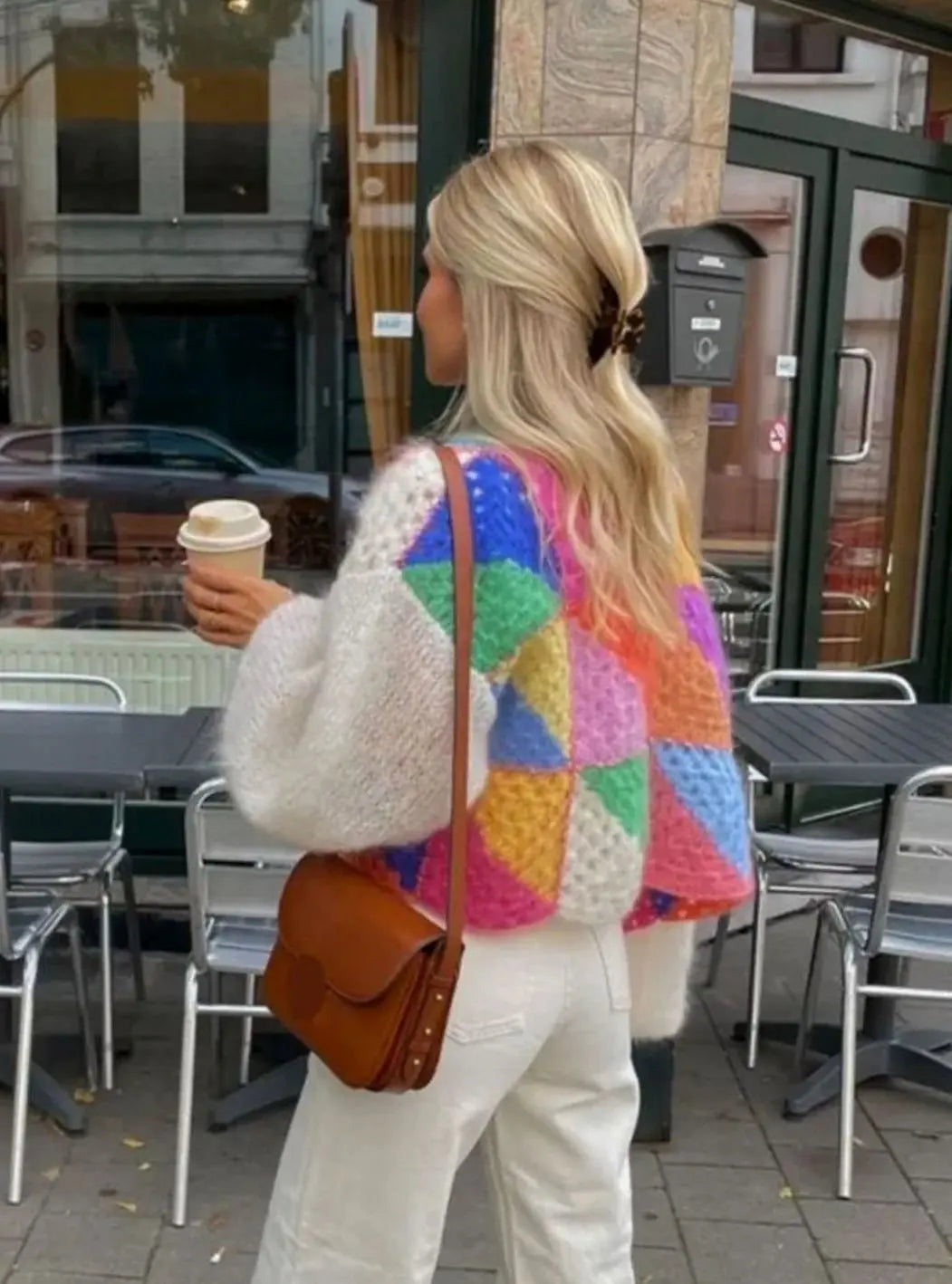 Korte gebreide colorblock trui voor dames - Donzig patchwork