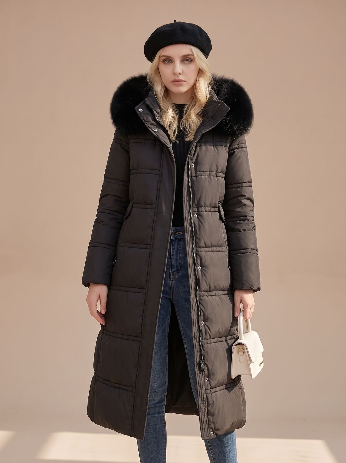Lange gewatteerde winterparka voor dames met luxe bontcapuchon