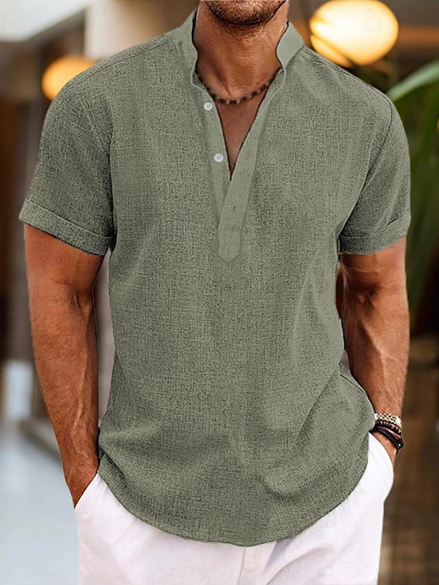 Silas Heren Linnen Shirt - Ademend Zomer Shirt met Henley Kraag en Korte Mouwen