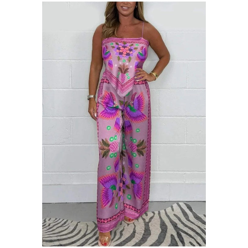 Spaghetti Band Gedrukt Top & Losse Broek 2-Piece Set