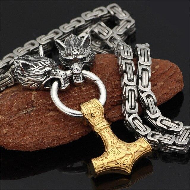60–90 cm RVS Dubbele Wolfskop & Mjolnir Overlevingsgeest Ketting/Armband