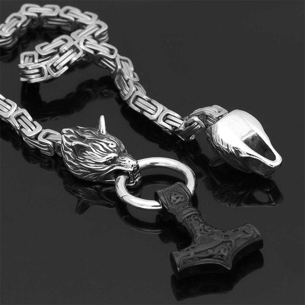 60–90 cm RVS Dubbele Wolfskop & Mjolnir Overlevingsgeest Ketting/Armband