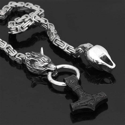 60–90 cm RVS Dubbele Wolfskop & Mjolnir Overlevingsgeest Ketting/Armband