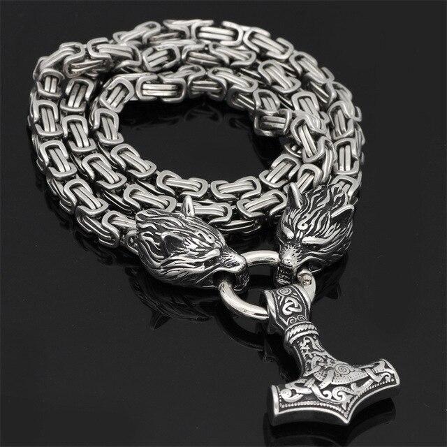 60–90 cm RVS Dubbele Wolfskop & Mjolnir Overlevingsgeest Ketting/Armband