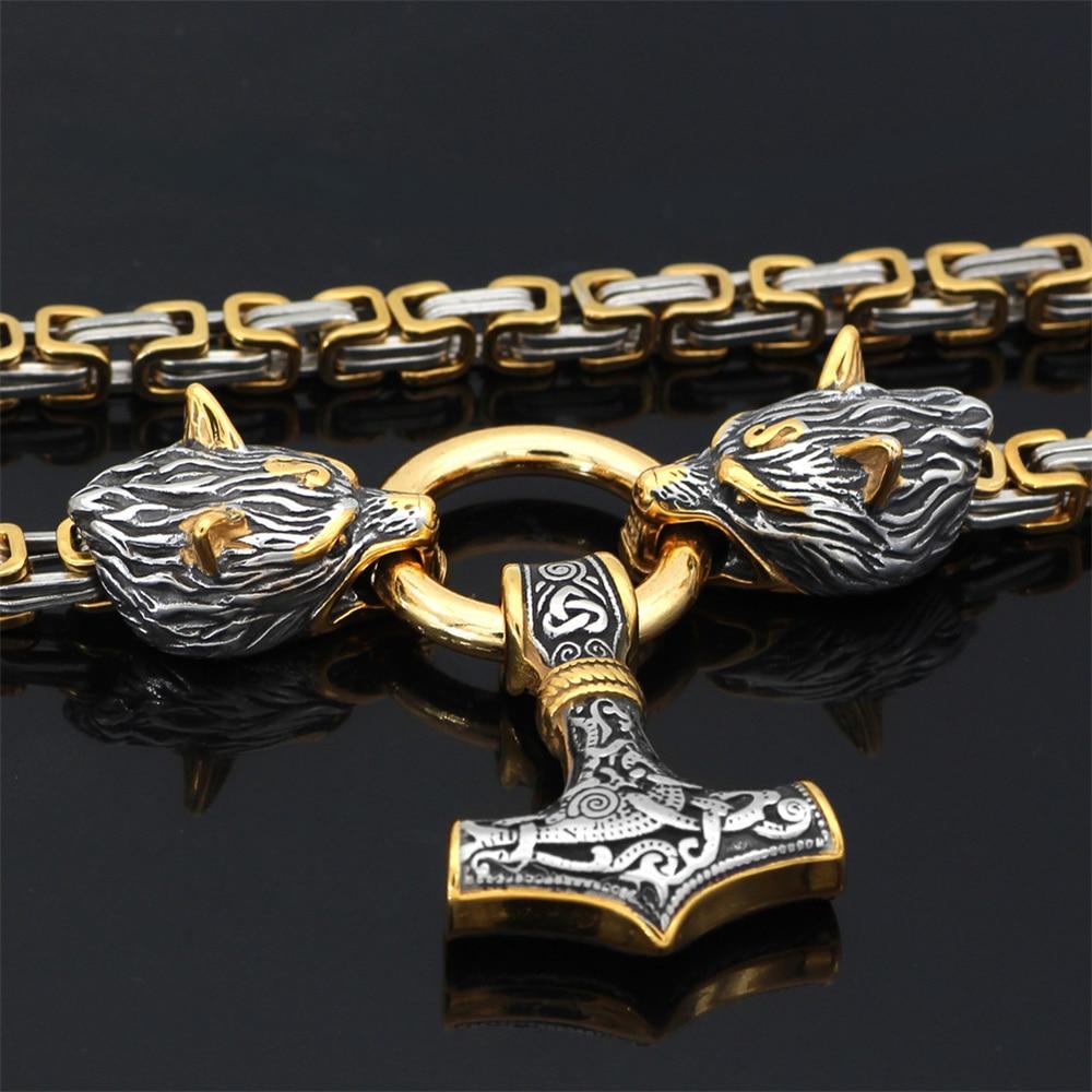 60–90 cm RVS Dubbele Wolfskop & Mjolnir Overlevingsgeest Ketting/Armband