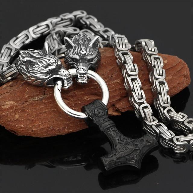 60–90 cm RVS Dubbele Wolfskop & Mjolnir Overlevingsgeest Ketting/Armband