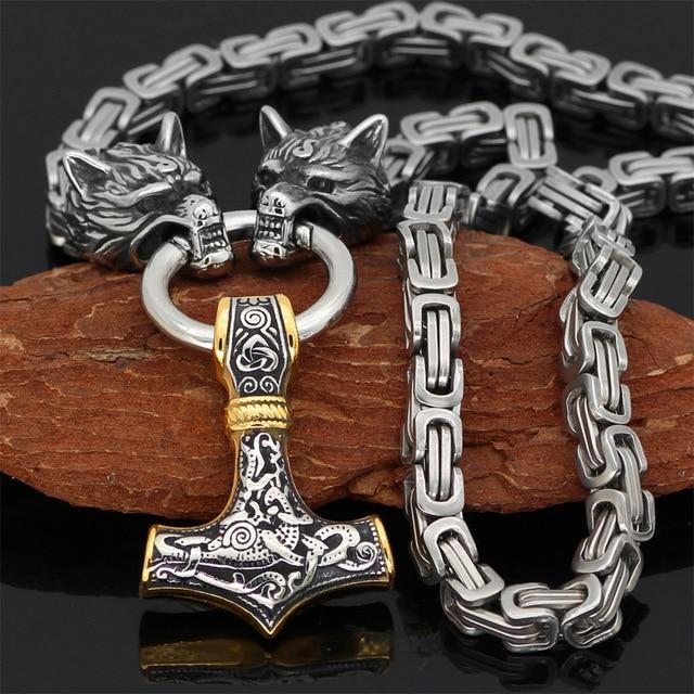 60–90 cm RVS Dubbele Wolfskop & Mjolnir Overlevingsgeest Ketting/Armband