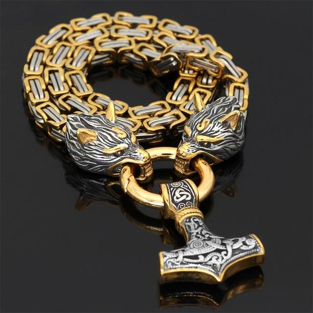 60–90 cm RVS Dubbele Wolfskop & Mjolnir Overlevingsgeest Ketting/Armband