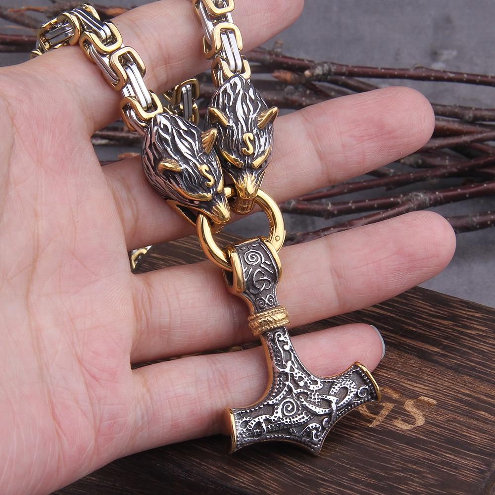60–90 cm RVS Dubbele Wolfskop & Mjolnir Overlevingsgeest Ketting/Armband