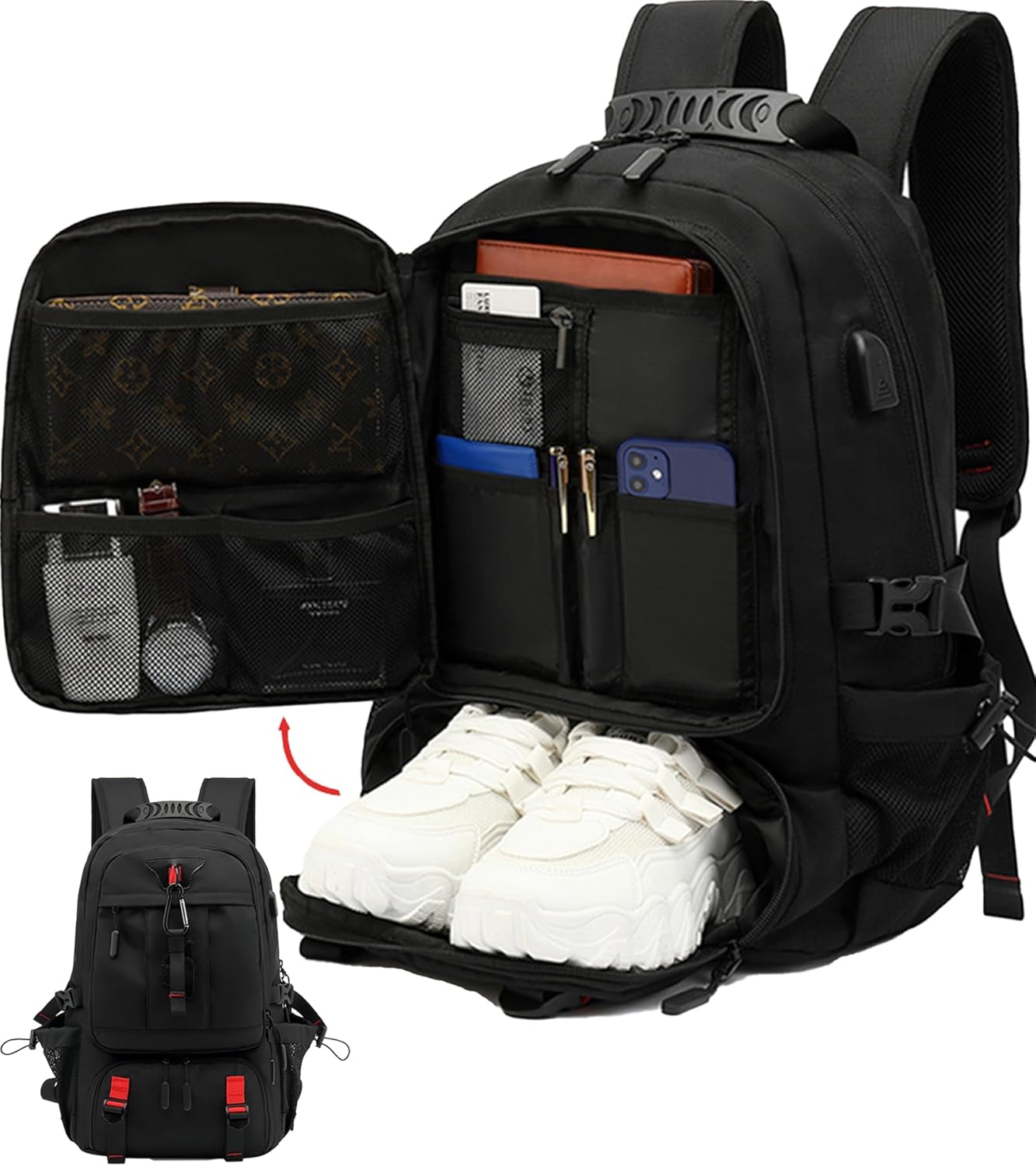 60L Waterdichte Reis Laptop Rugzak met USB en Schoencompartiment