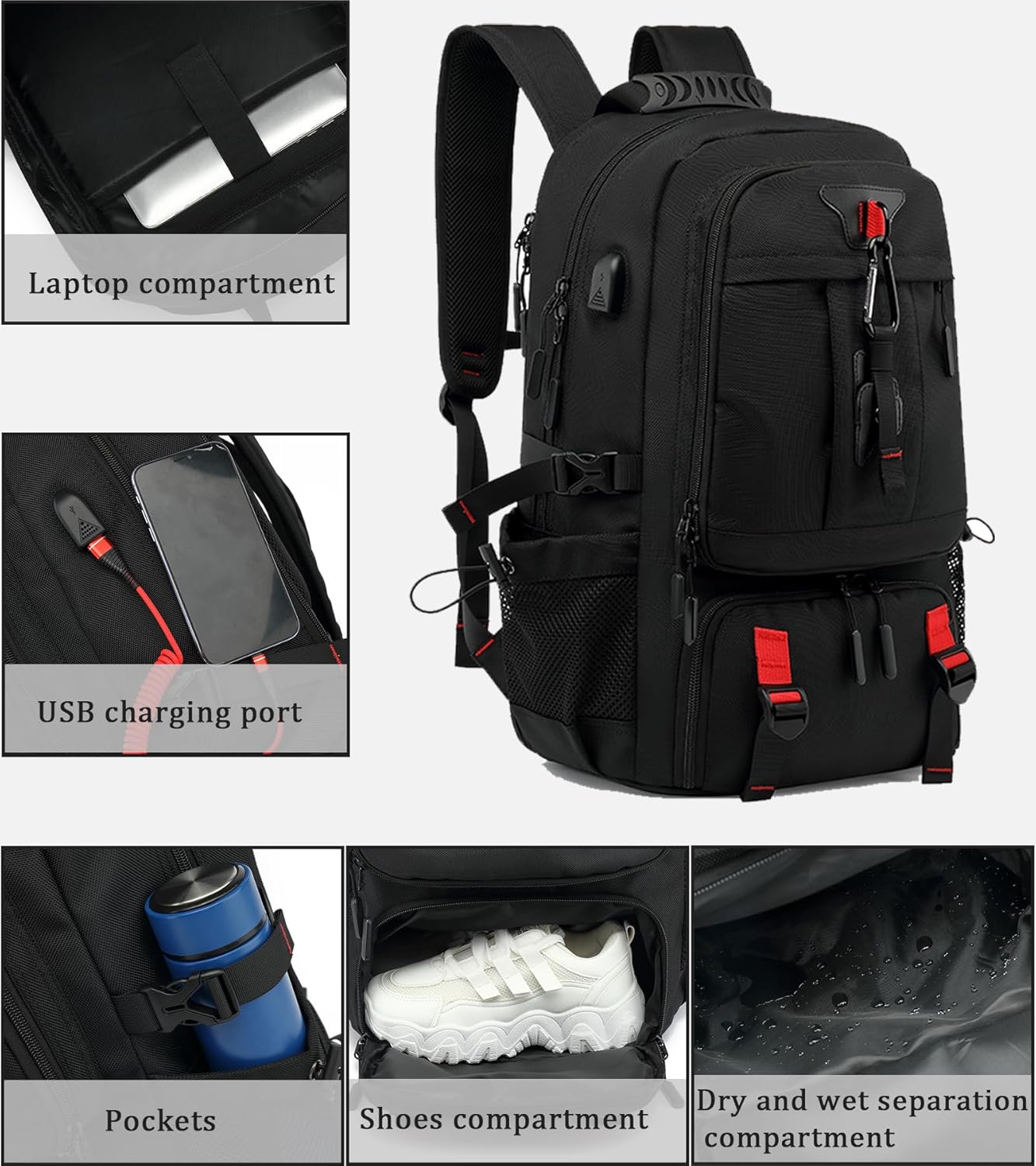 60L Waterdichte Reis Laptop Rugzak met USB en Schoencompartiment