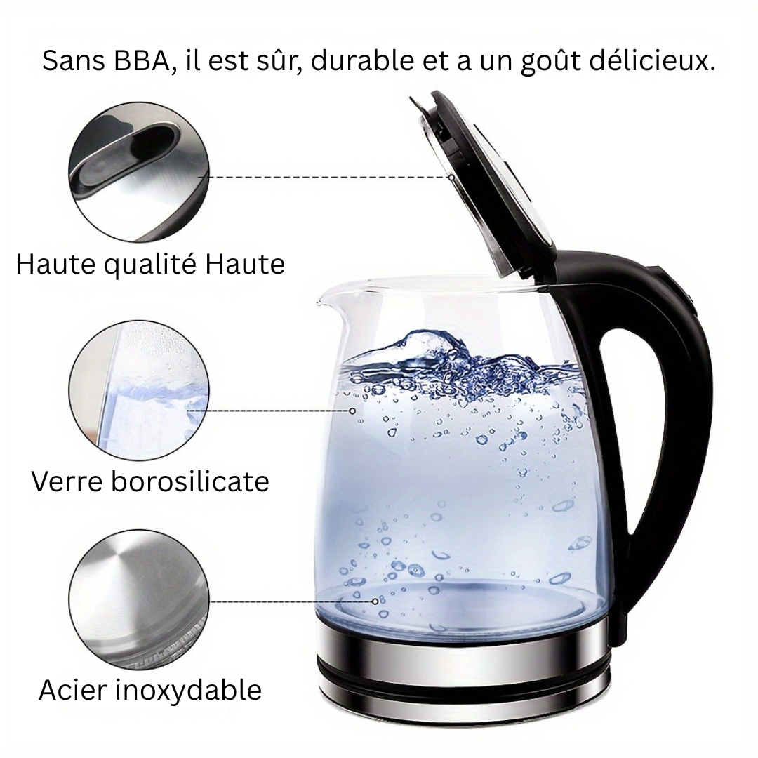 AquaElegance Luxe Glazen Elektrische Waterkoker | Snelle Kook 2L met LED Licht, Automatische Uitschakeling en Kook-Droog Bescherming voor Veilige en Stijlvolle Gebruik in de Keuken