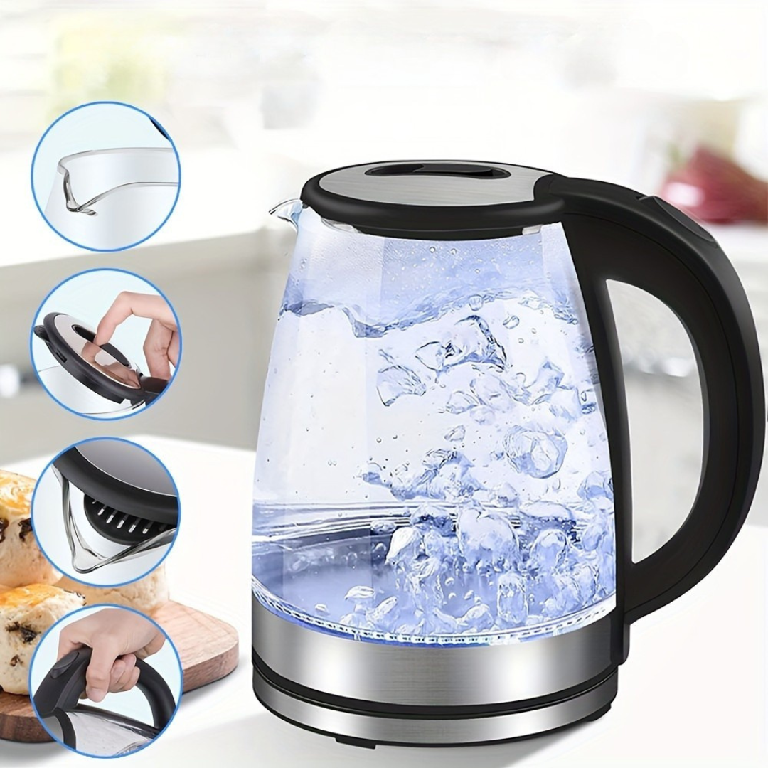 AquaElegance Luxe Glazen Elektrische Waterkoker | Snelle Kook 2L met LED Licht, Automatische Uitschakeling en Kook-Droog Bescherming voor Veilige en Stijlvolle Gebruik in de Keuken