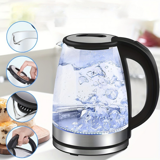 AquaElegance Luxe Glazen Elektrische Waterkoker | Snelle Kook 2L met LED Licht, Automatische Uitschakeling en Kook-Droog Bescherming voor Veilige en Stijlvolle Gebruik in de Keuken