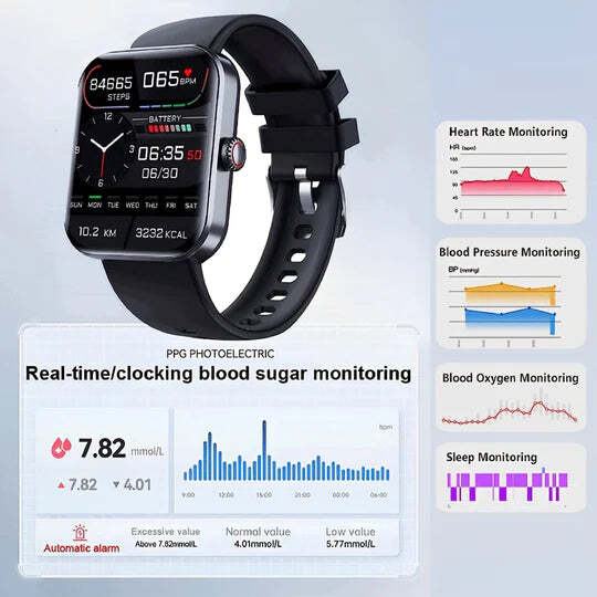 Bloedglucosebewakingssmartwatch | Slimme horloge voor niet-invasieve bloedglucosetests