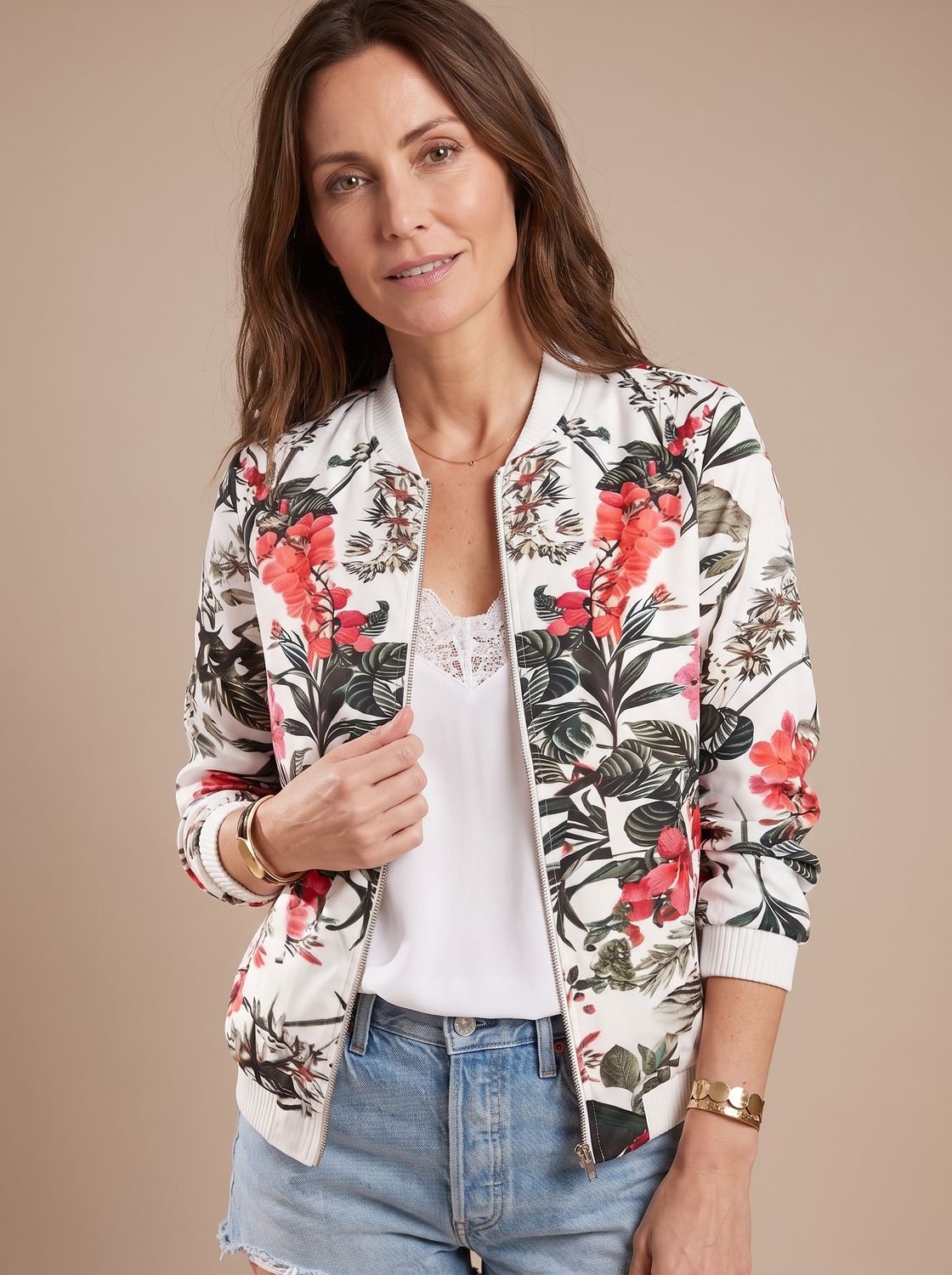 Bomberjack met bloemenprint en ritssluiting voor dames