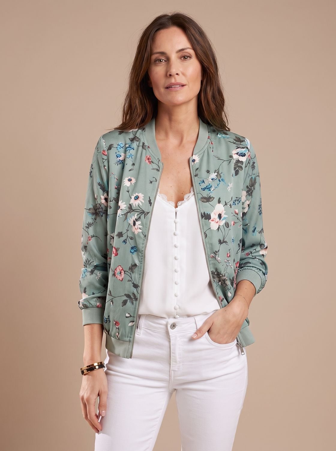 Bomberjack met bloemenprint en ritssluiting voor dames