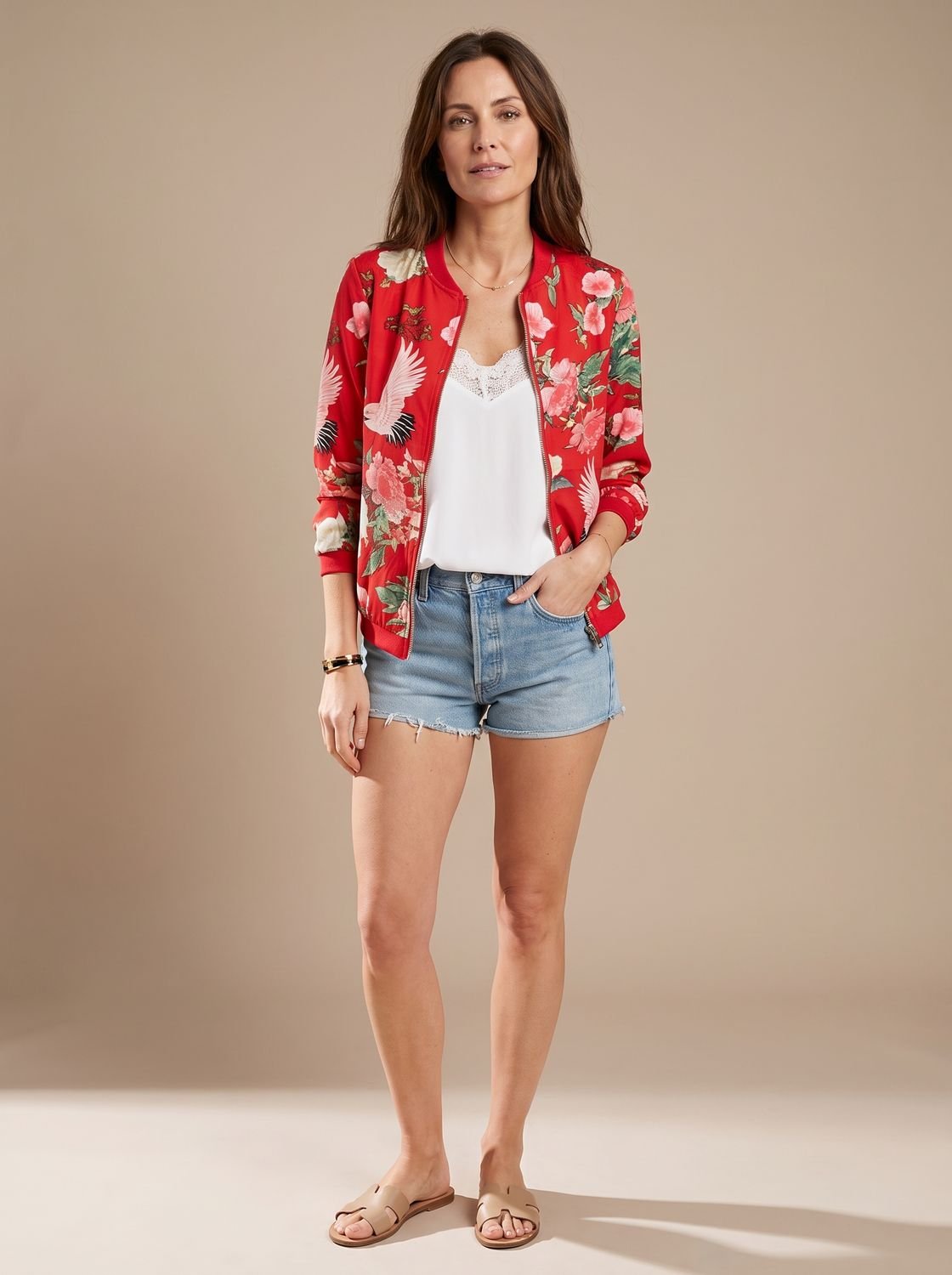 Bomberjack met bloemenprint en ritssluiting voor dames