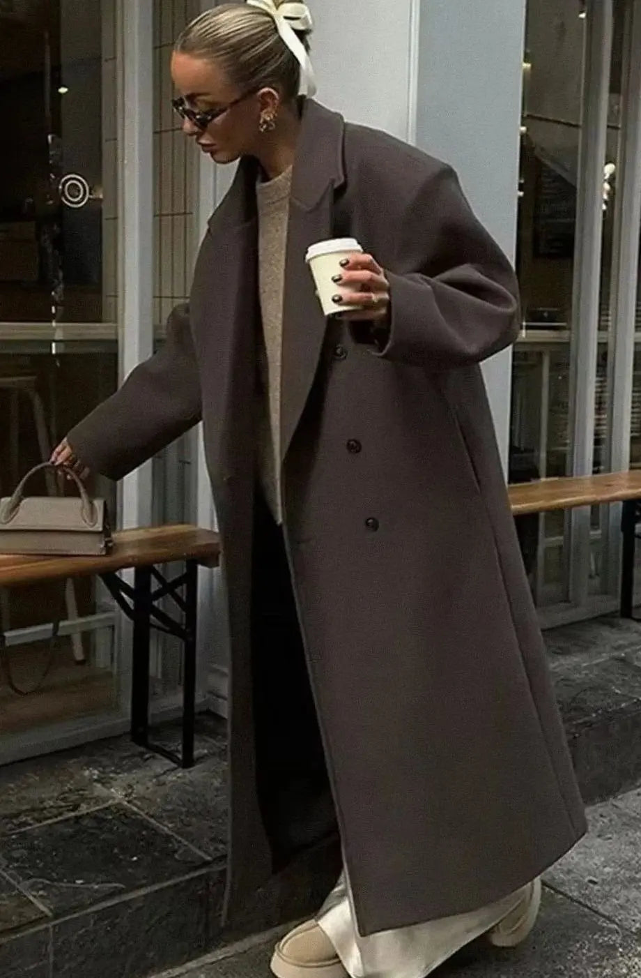 Bruine oversized lange double-breasted mantel voor dames