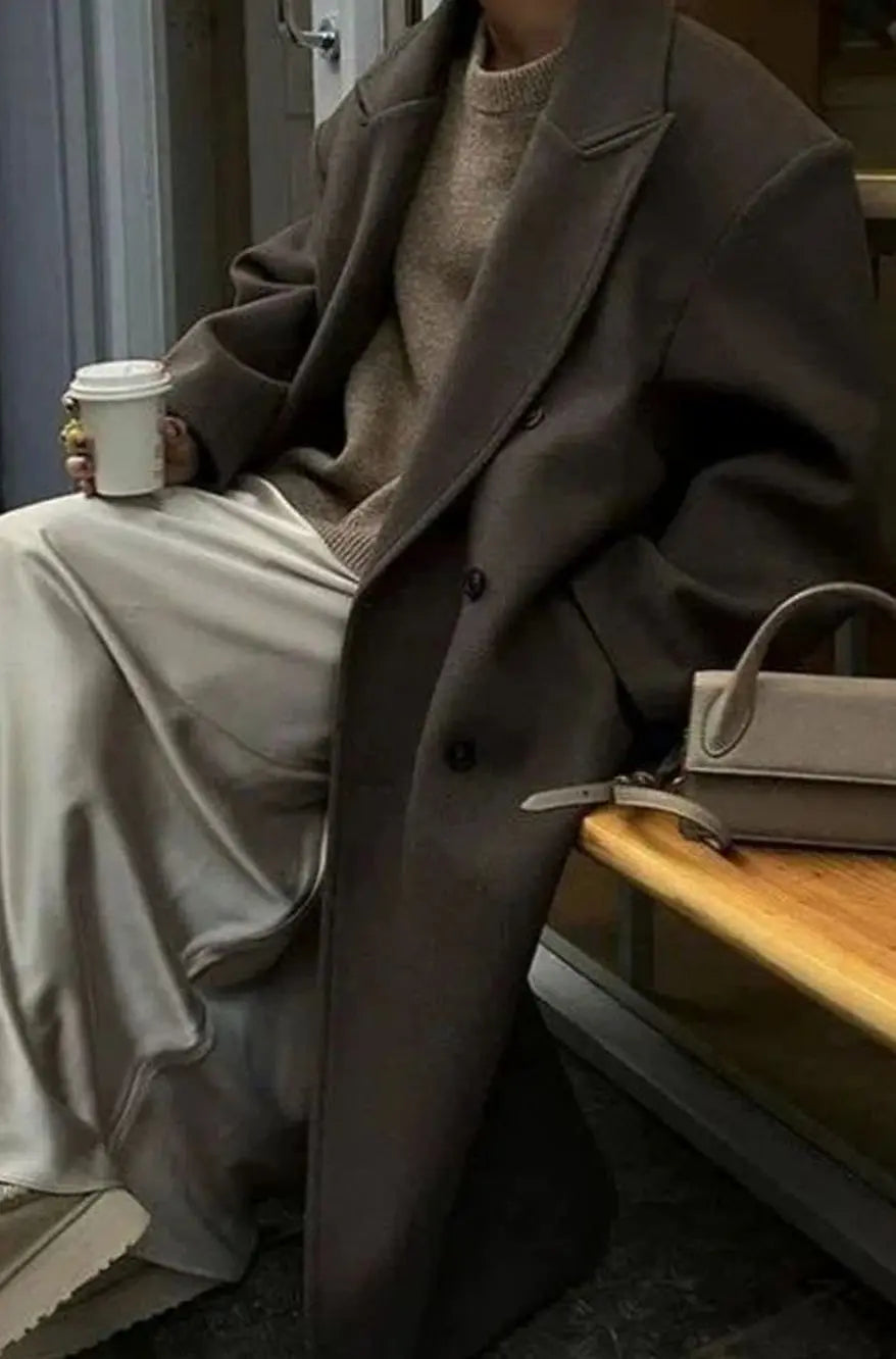 Bruine oversized lange double-breasted mantel voor dames