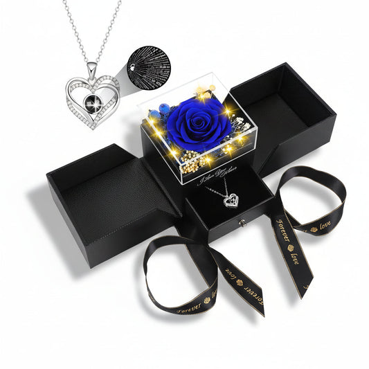 Cadeaudoos Met Geconserveerde Eeuwige Roos, Ledverlichting En Hartketting
