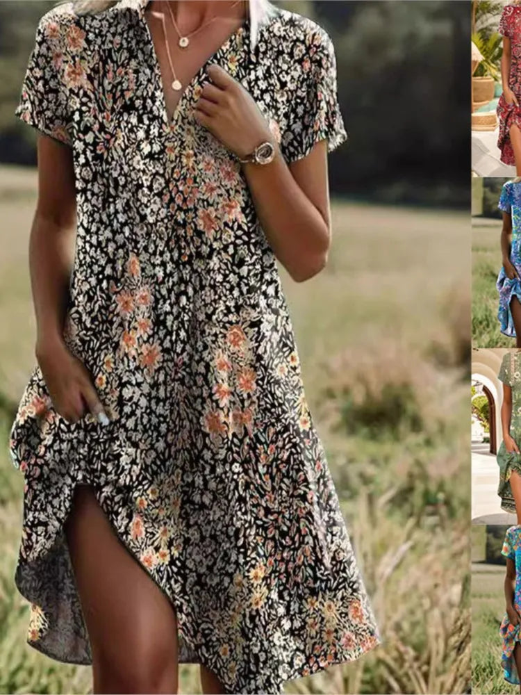 Carla | Elegante bloemenjurk met V-hals, knopen en lange mouwen voor de herfst