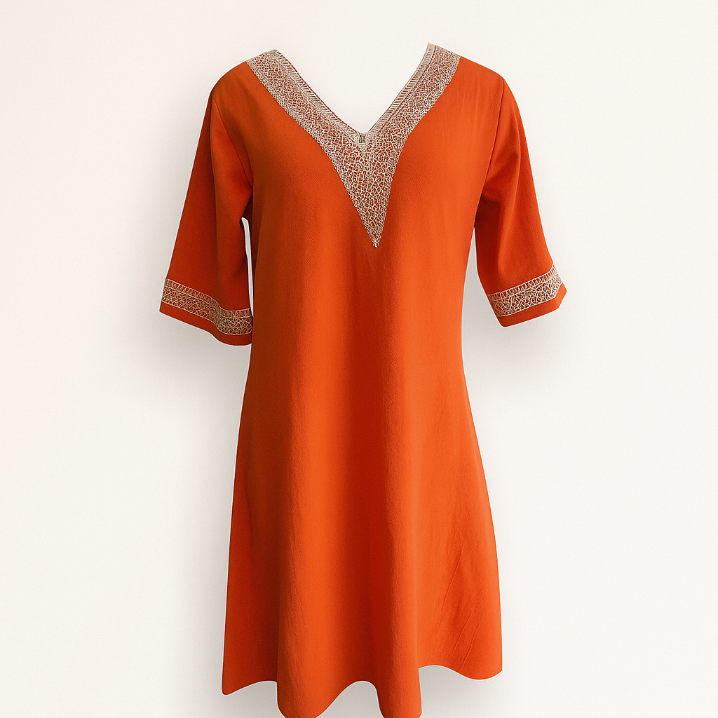 Chic linnenmix jurk met V-hals, kantafwerking en lange mouwen voor de herfst