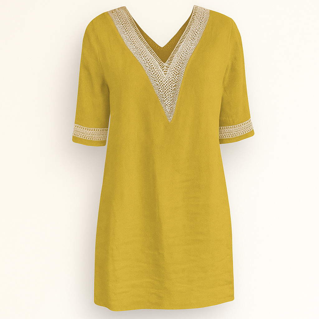 Chic linnenmix jurk met V-hals, kantafwerking en lange mouwen voor de herfst