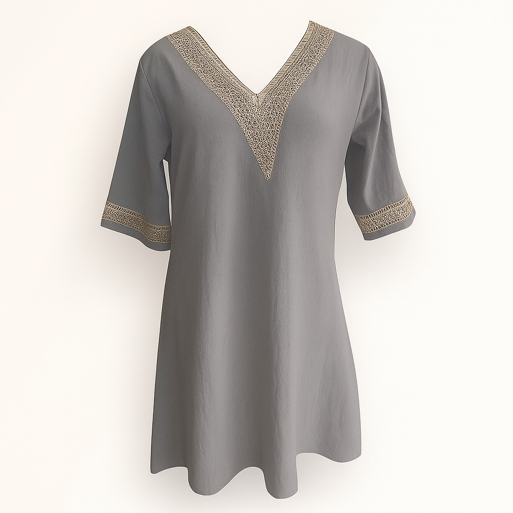 Chic linnenmix jurk met V-hals, kantafwerking en lange mouwen voor de herfst