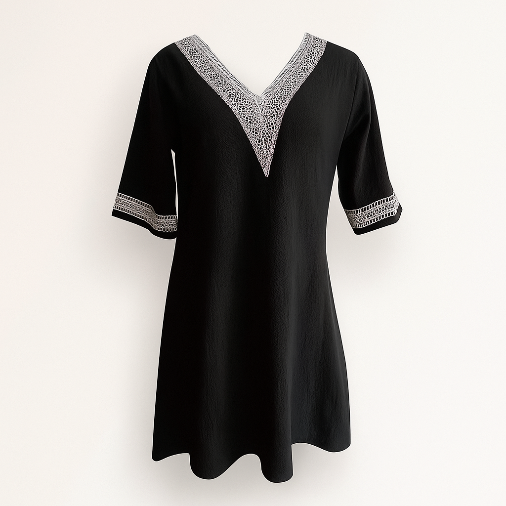 Chic linnenmix jurk met V-hals, kantafwerking en lange mouwen voor de herfst