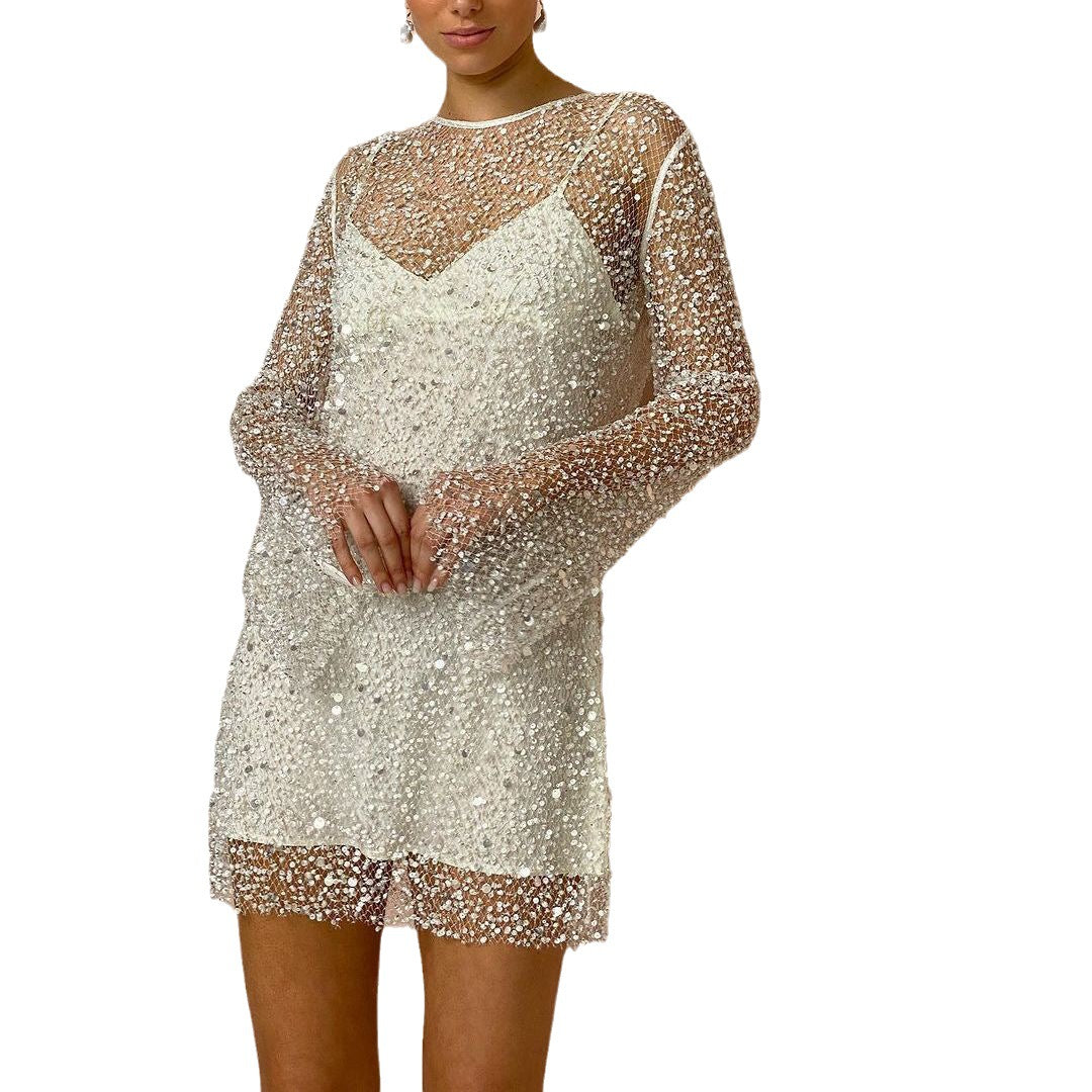 Clémence | Beaded mesh jurk met bandjes voor de winter