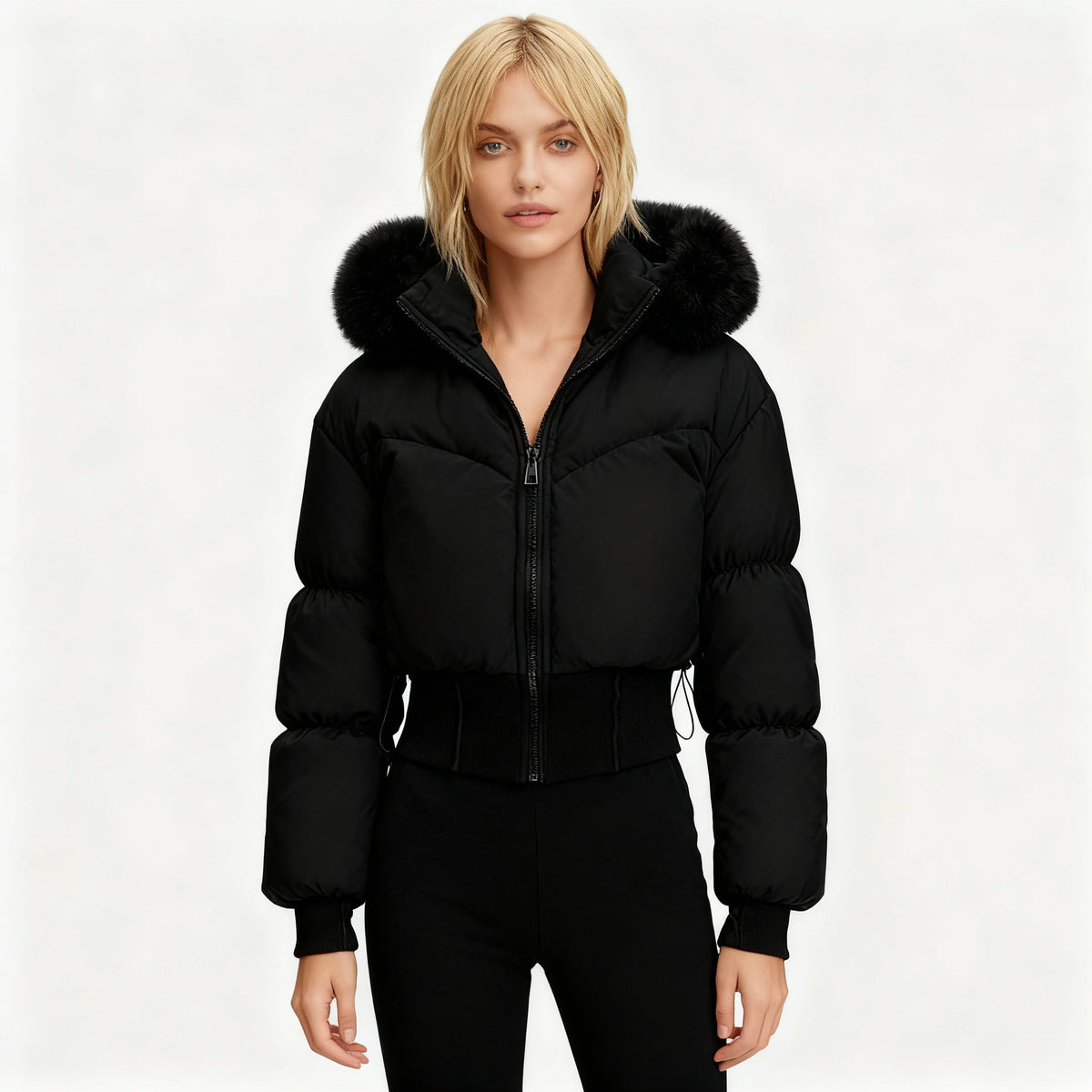 Cropped donsjas voor dames met afneembare capuchon en imitatiebont