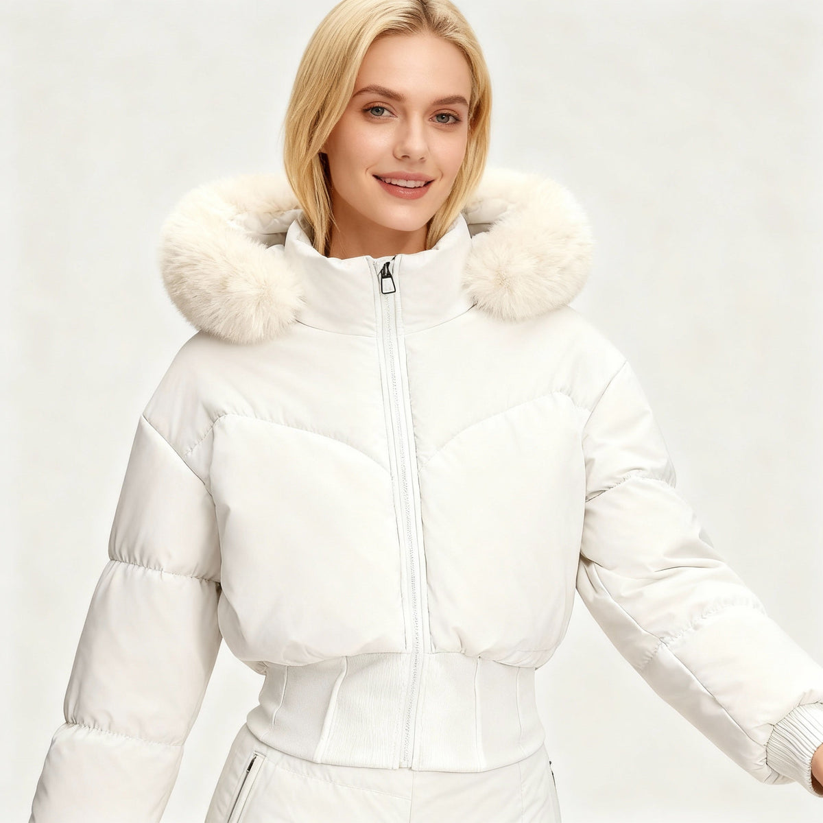 Cropped donsjas voor dames met afneembare capuchon en imitatiebont