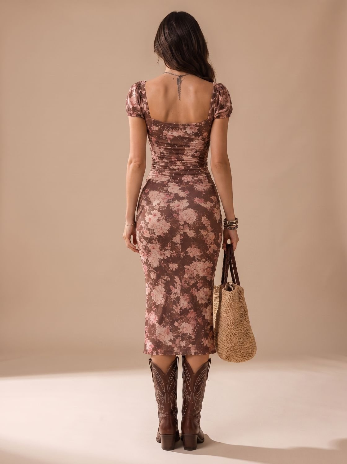 Dames boho midi-jurk met bloemenprint, rimpeleffect, sweetheart-halslijn en zijsplit