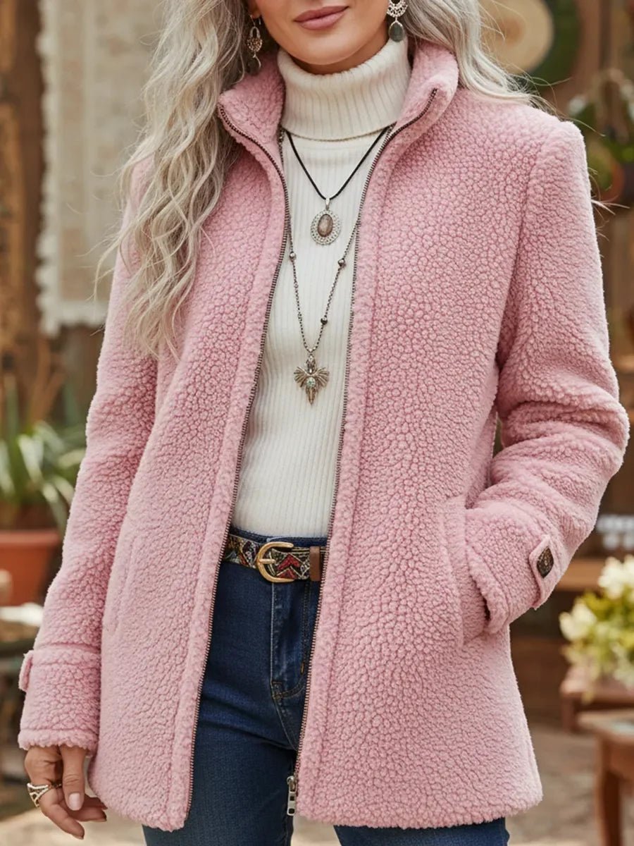 Dames fleece teddyjas met ritssluiting en opstaande kraag