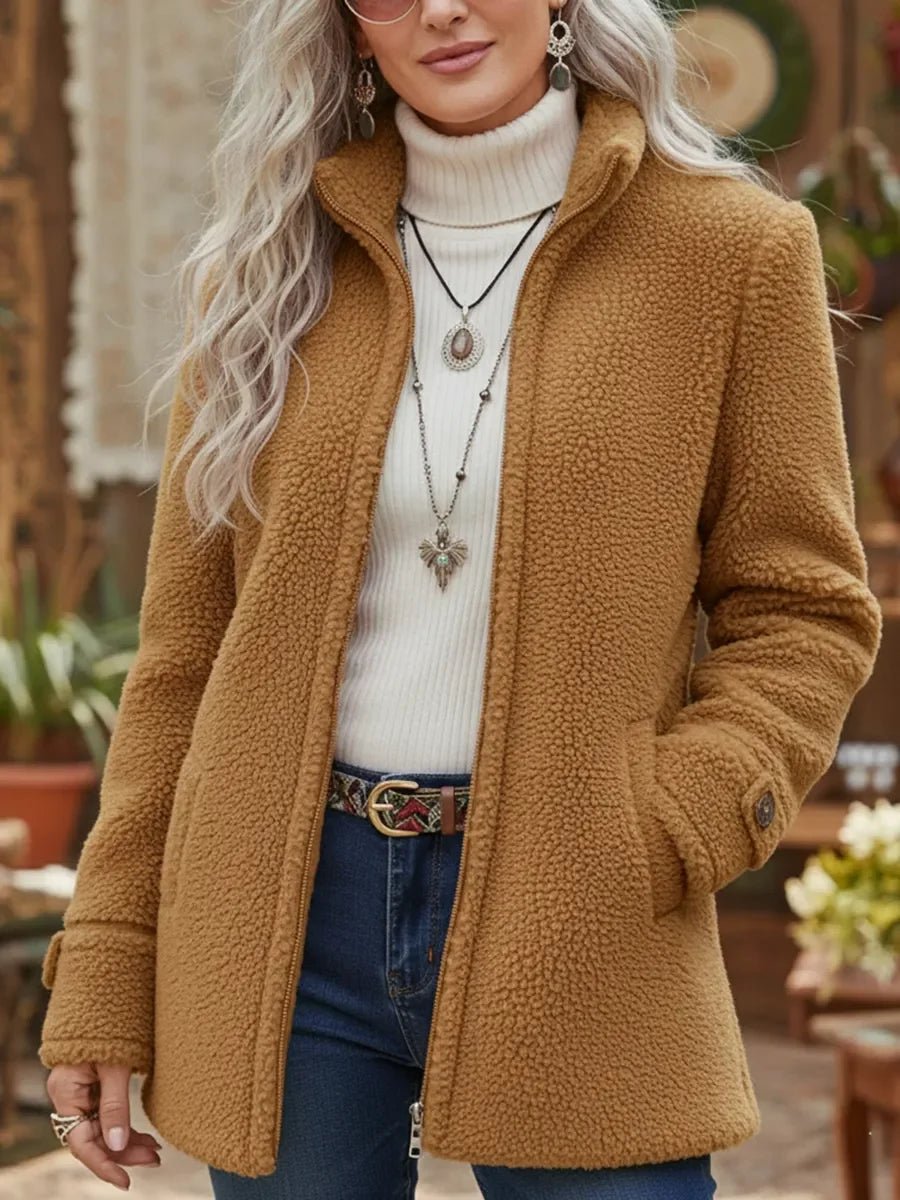 Dames fleece teddyjas met ritssluiting en opstaande kraag