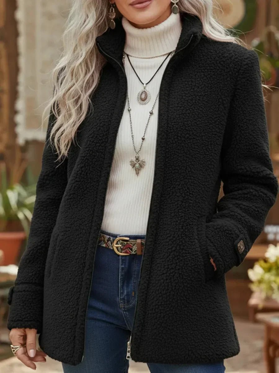 Dames fleece teddyjas met ritssluiting en opstaande kraag