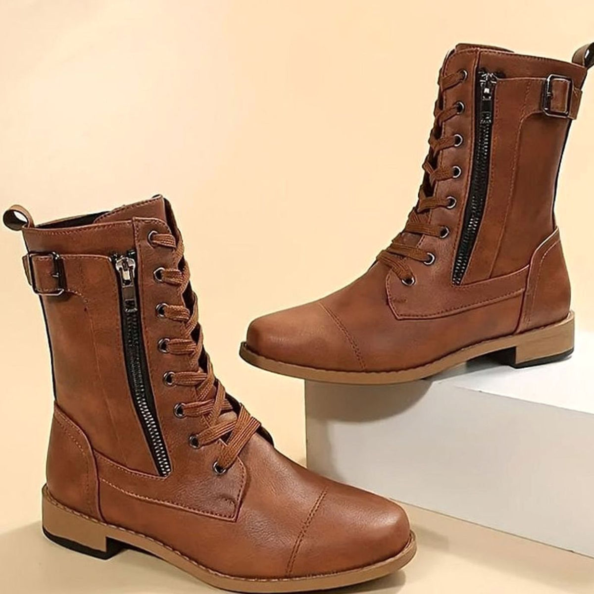 Dames veterboots van imitatieleer met zijrits